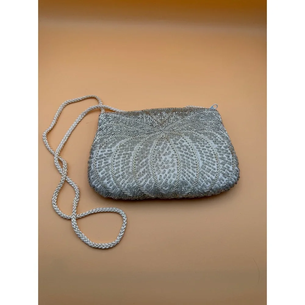 Vintage 1984 Gallery Originals Silver Beaded Evening Bag Crossbody  Clutch